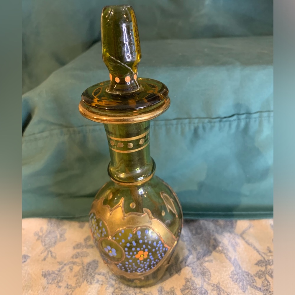 VTG Handpainted Bohemian Amber Glass Bottle with Stopper - Picture 6 of 13